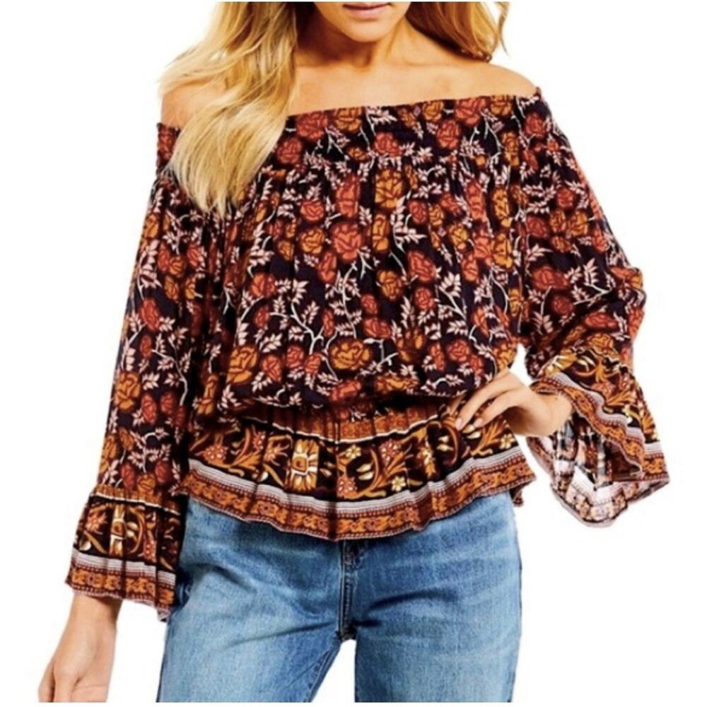 Raga Blue Floral Boho Off Shoulder Top Small NWT